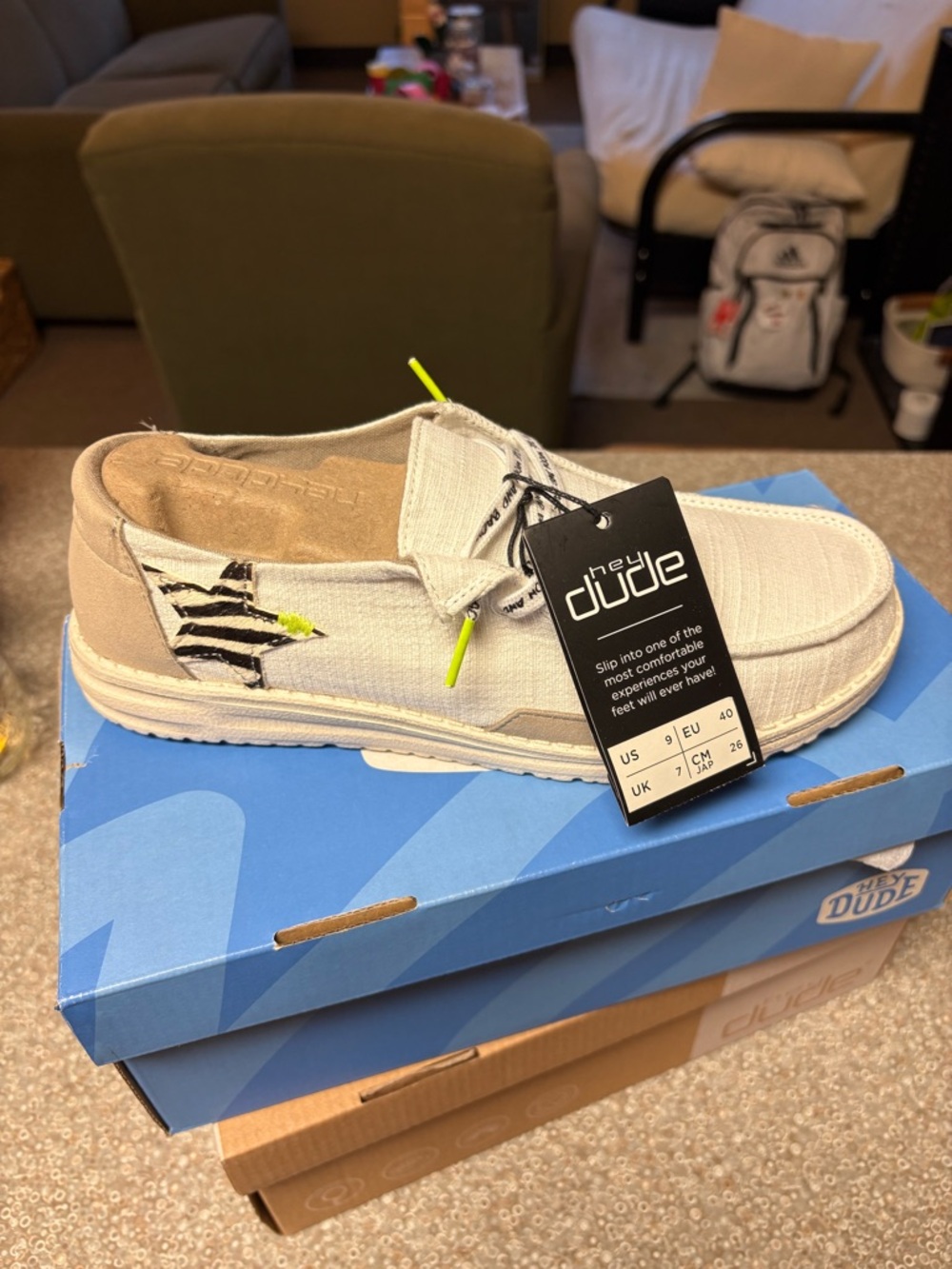 Hey Dude Beige Canvas Slip-On with Neon Yellow Lace Accents